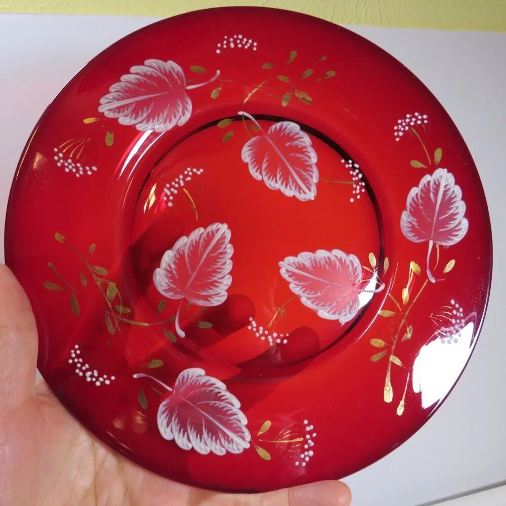 Ruby Red Thick Glass Plate with White Leaves & Gold Accents